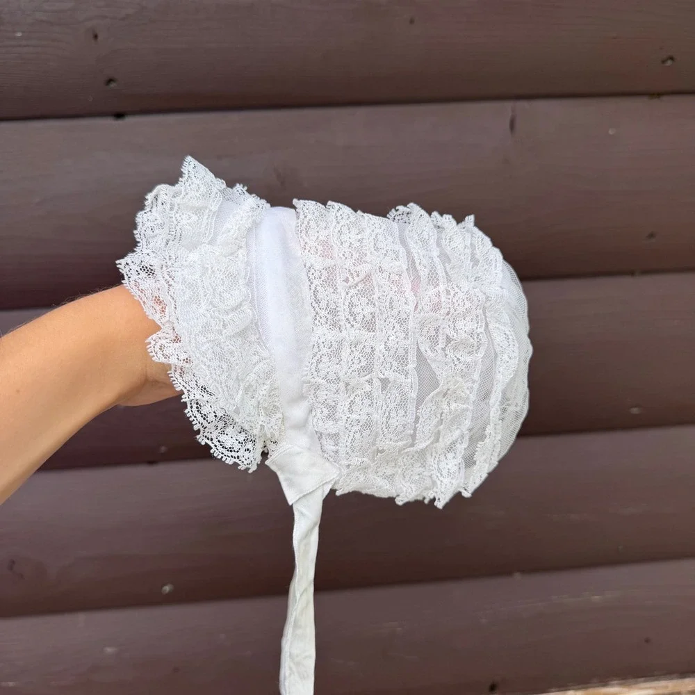 Vintage Lace Bonnet Baby White Tiered Ruffle Ribbon Tie Baptism Christening